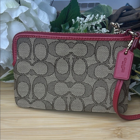Coach Signature Brown and Red Wristlet - Picture 9 of 12